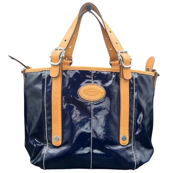 Tod’s Navy Coated Canvas Tote Tan Leather Trim Missing Crossbody Strap - Picture 1 of 13